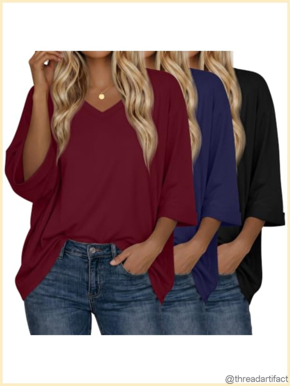 Women's 3/4 Sleeve V Neck Oversized T-Shirt 3 Pack Cotton Spandex Loose Casual